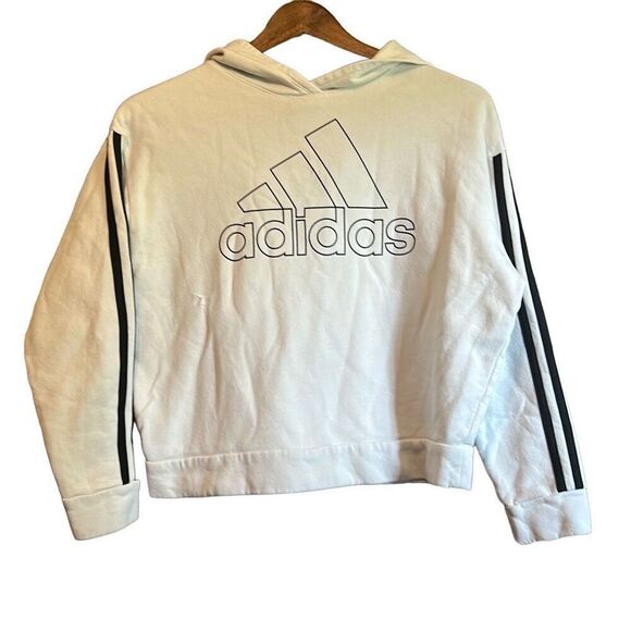 Adidas Girls Hoodie Youth‎ Size 14 White Black Stripes Logo Cropped - Picture 1 of 5